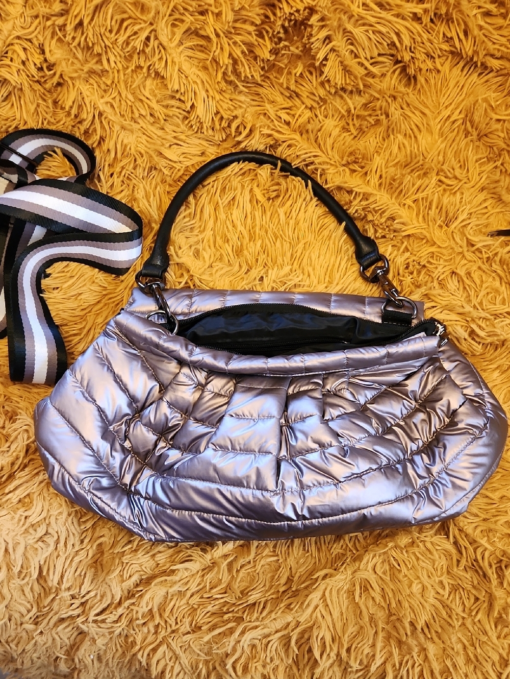 THINK ROYLN Metallic Silver Quilted Shoulder Bag with Black Handle